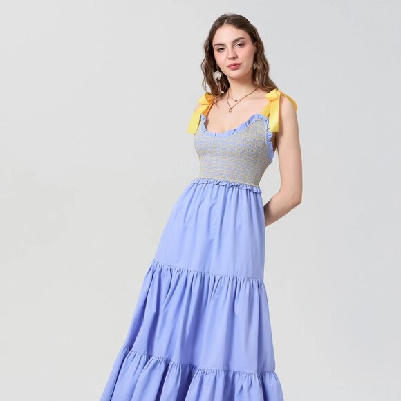 Dreamscape Tiered Blue-Yellow Maxi Dress - Picture 11 of 11